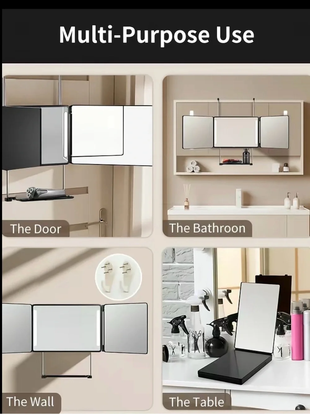 Overdoor Black Tri-Fold Grooming Mirror with Storage Tray